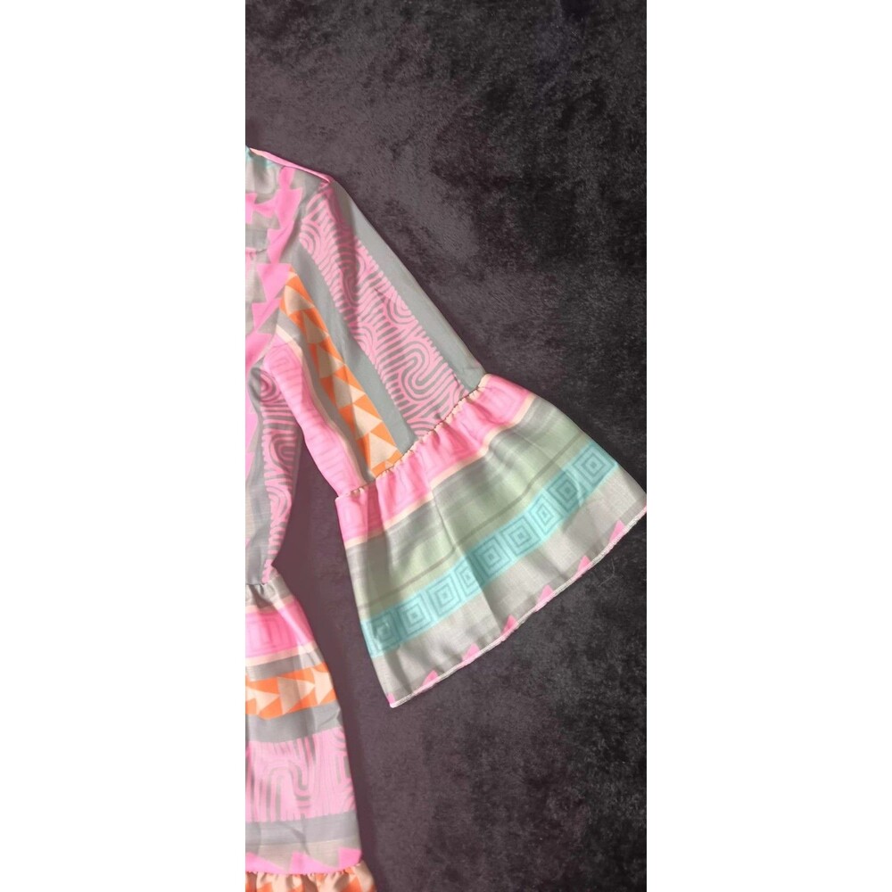 Boho Linen Blend Tiered Bell Sleeve Tunic Dress Small Aztec Geometric Lagenlook - Picture 6 of 11